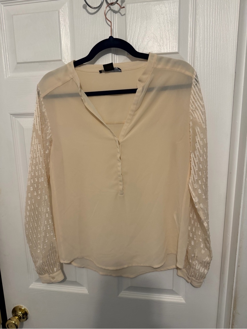 French Connection Cream Blouse with Sheer Textured Sleeves | US 2